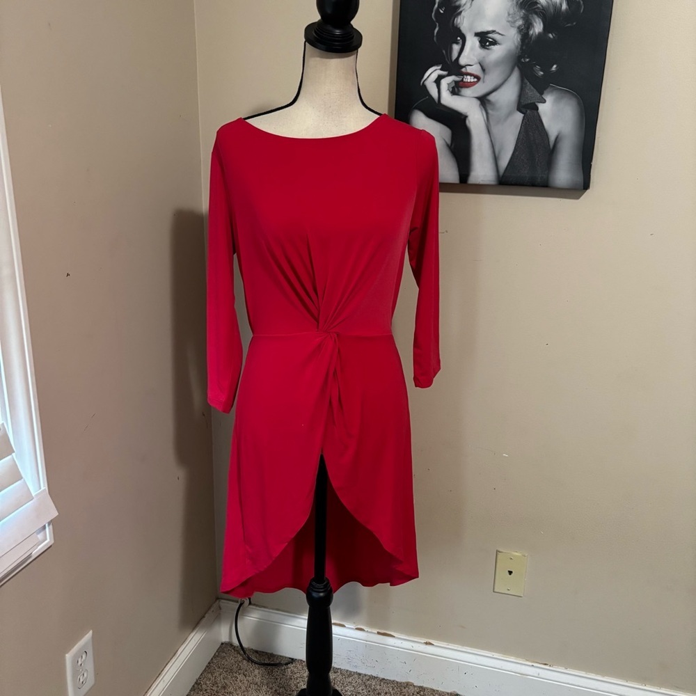 IMAN Red Sheath Dress with Bateau Neckline and 3/4 Sleeves